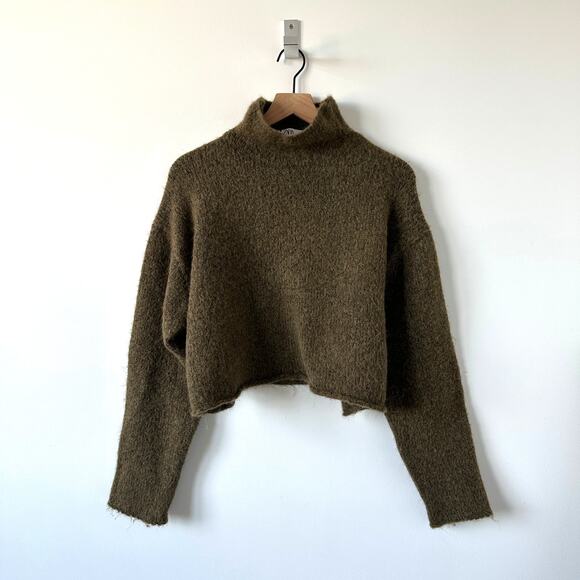 Zara Alpaca Wool Blend Cropped Relaxed Turtleneck Sweater Olive Green L - Picture 4 of 9